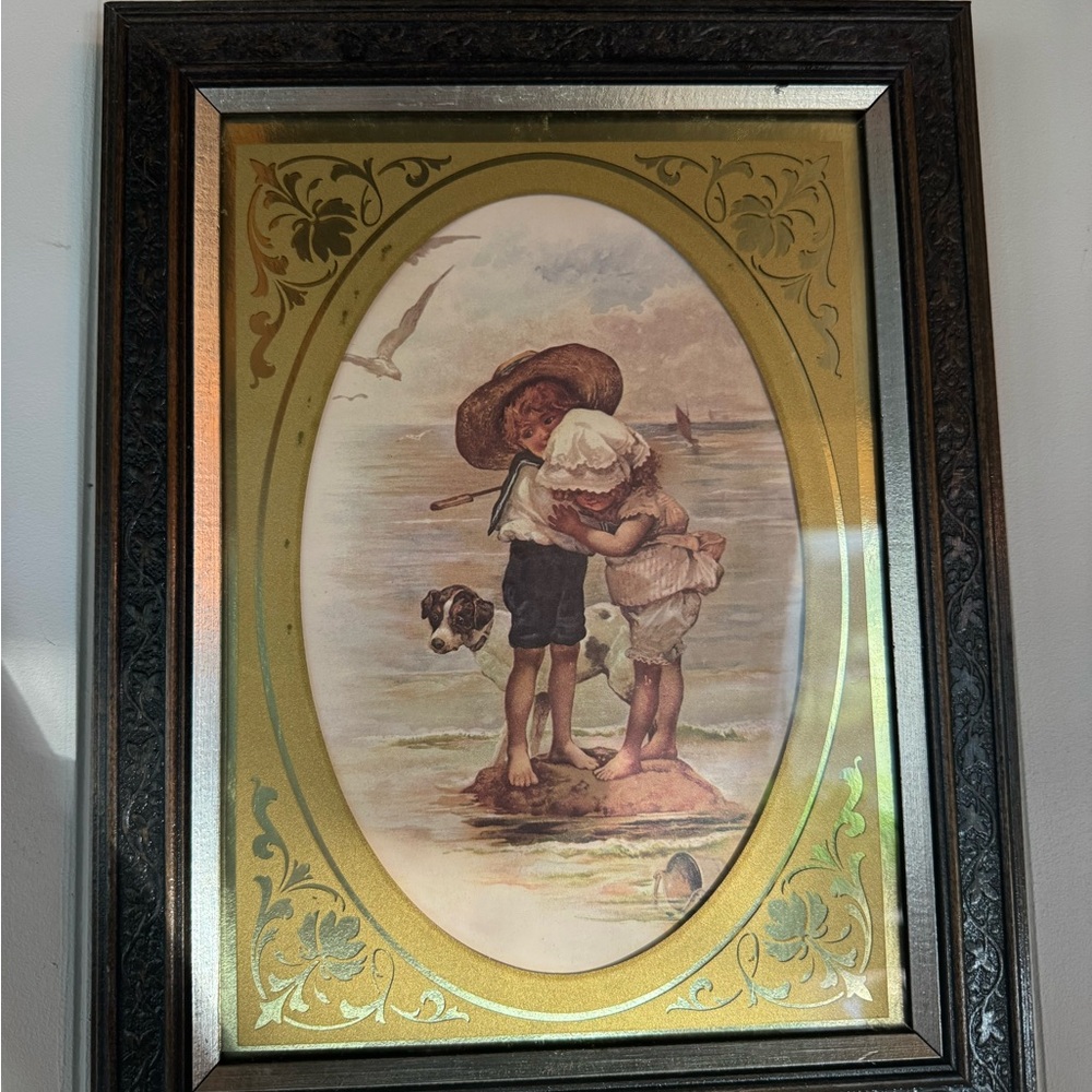 Vintage Framed Art with Children and Dog